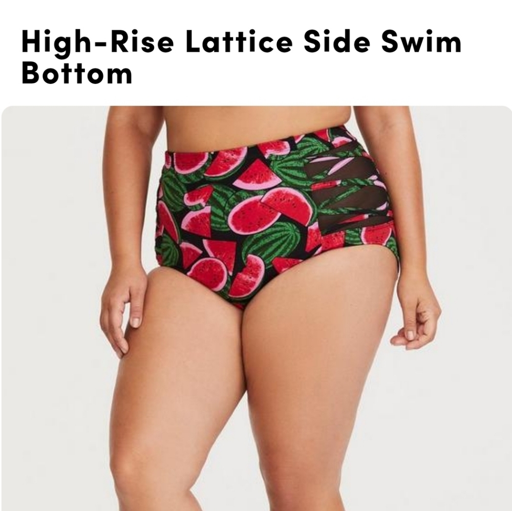 TORRID 1X High Rise Lattice Side Swim Bottom Watermelon Mesh Pink Green